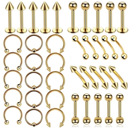 Set van 40 gouden roestvrijstalen piercings: labrets, hoefijzers, barbells, kraakbeen piercings.