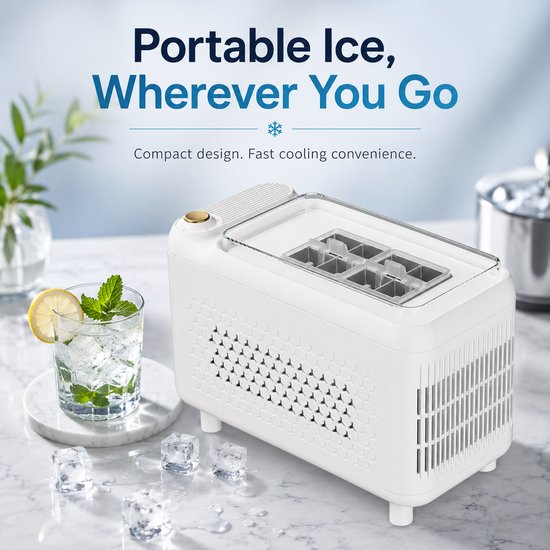 Draagbare ijsblokjesmachine 12V - Compacte ijsmaker voor onderweg - Voor kamperen, camper, kantoor en outdoor - Snel ijsblokjes in 13-22 min - ABS behuizing-Wit — afbeelding 2