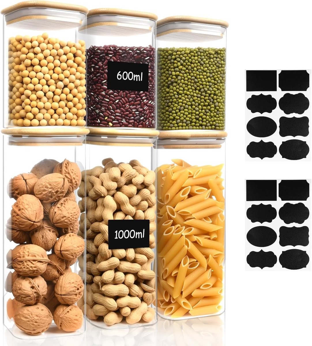 Set van 6 Glazen Opbergpotten met Deksel en Etiketten voor Bloem, Granen, Suiker en Specerijen - 600/1000ml Keukenopslagoplossingen