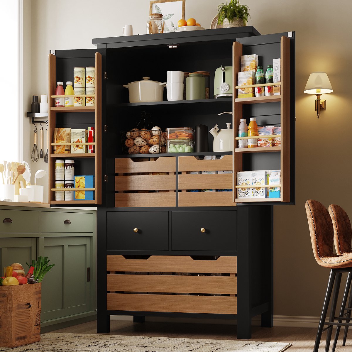 MODFU-Keukenkast-Zwart-MDF-Metaal-2 Deuren-5 Lades-80x40x140 Cm