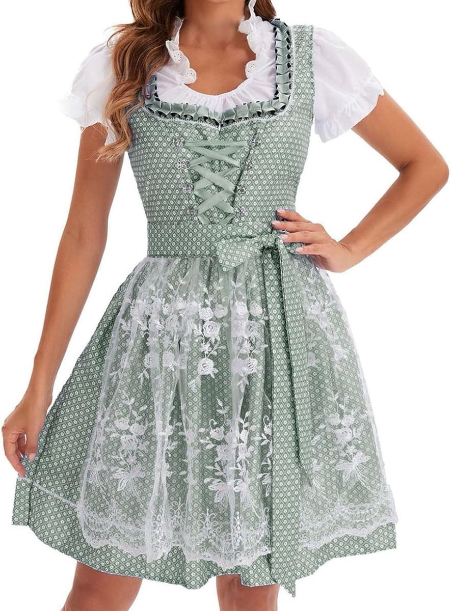Dirndl Jurk voor Vrouwen - Oktoberfest Kostuum met Blouse, Kanten Midi Rok en Schort - Folkfeest Groene en Witte Outfit