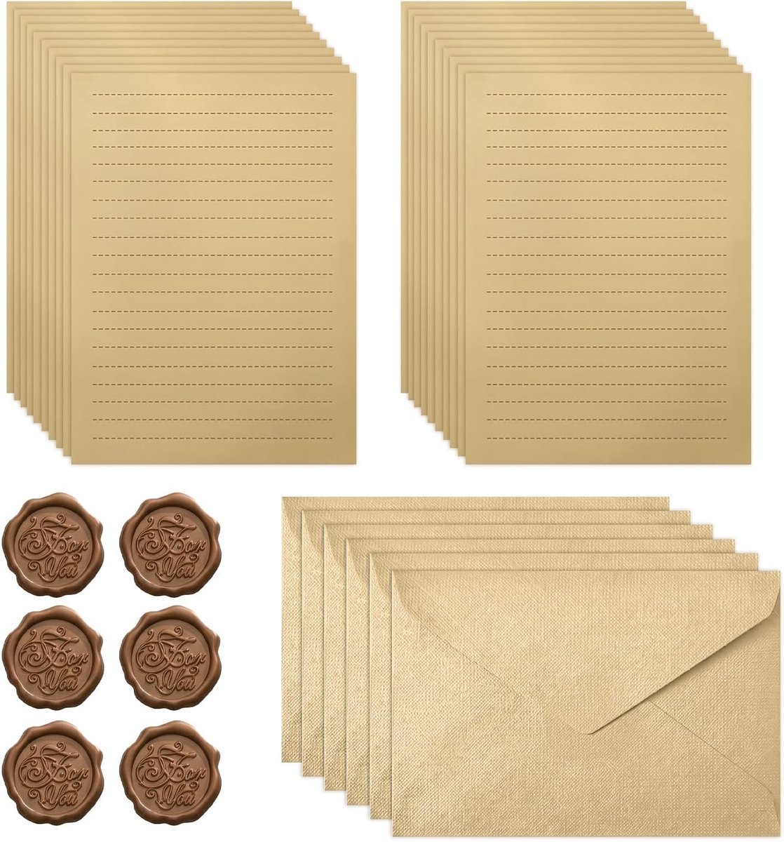 Vintage brievenpapier set met 20 kraft vellen, 6 enveloppen en 6 lakzegel stickers voor bruiloften en verjaardagen, perfect voor creatief schrijven en uitnodigingen