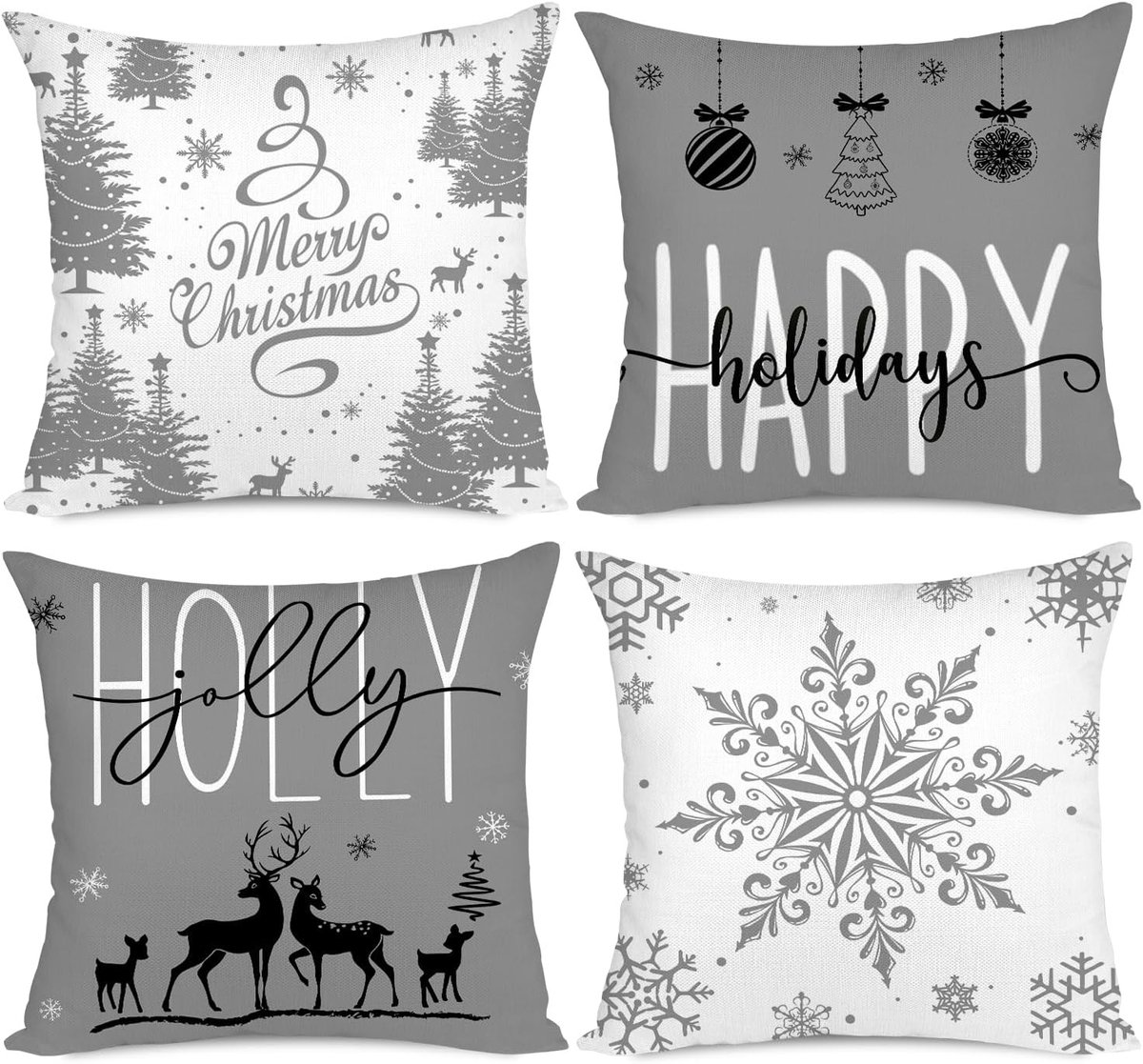 Grijze Kerstkussenslopen 45 x 45 cm Set van 4 Decoraties voor de Feestdagen met Holly en Sneeuwvlokken voor Woonkamer en Bank