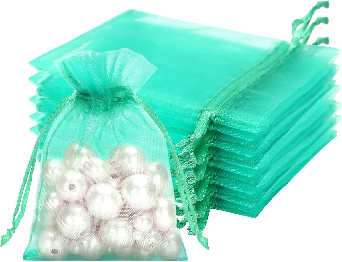 Turquoise Organza Tassen met Trekkoord, 7 x 9 cm, 50 Stuks voor Trouwen, Sieraden, Zeep en Snoep