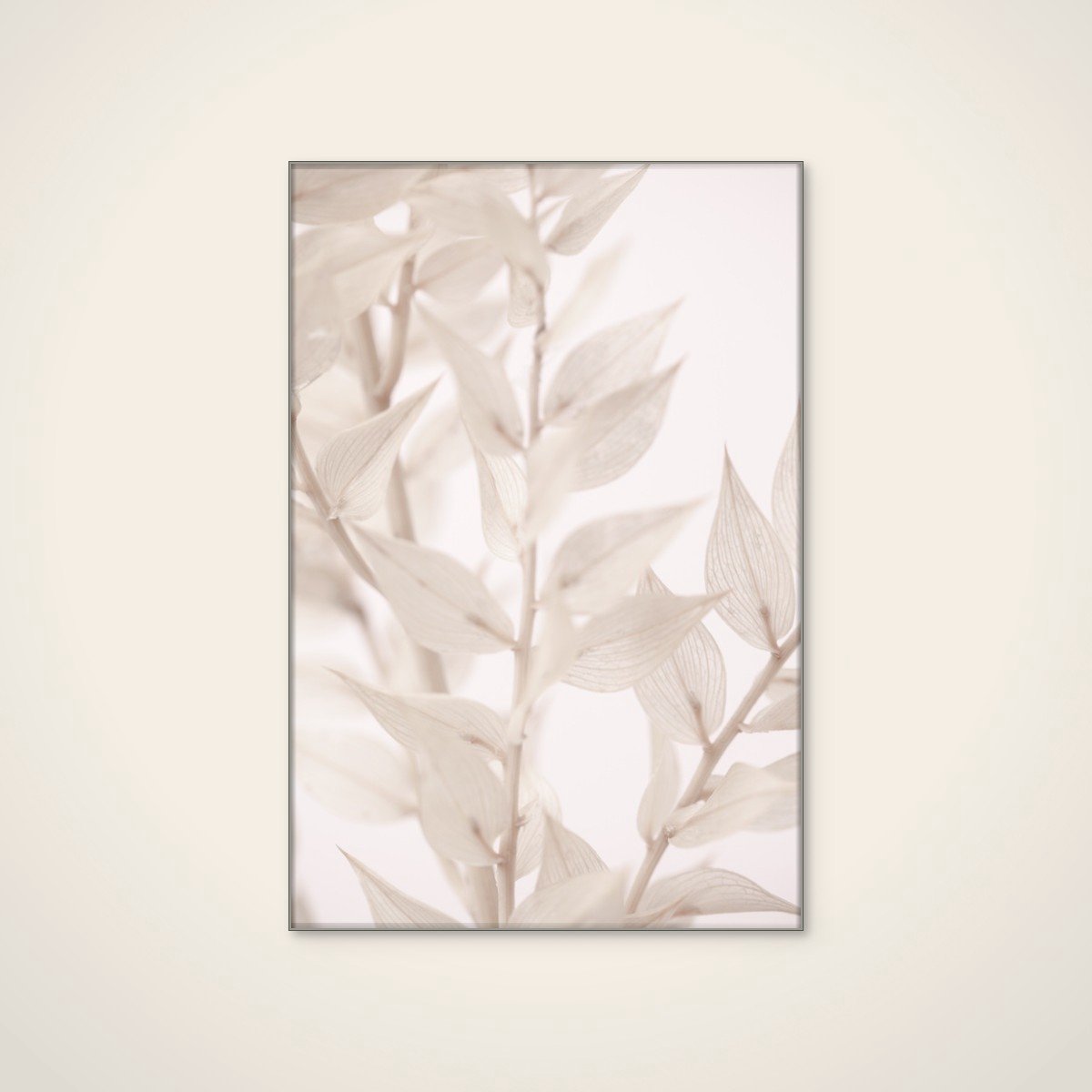 Akoestisch schilderij - 60 x 90 cm - Delicate White Leaves van Pictufy Studio III - Abstracte wanddecoratie - zilver textielframe