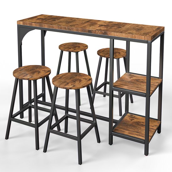 Houten bartafel met zwart metalen frame en 4 barkrukken, met 2 open opbergvakken aan de zijkant.