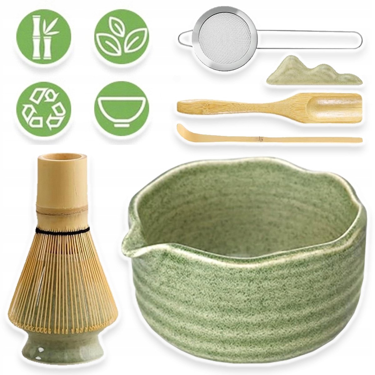 7-Delige Groene Matcha Ceremonie Set - Keramische Kom Bamboe Garde Zeef Standaard En 2 Lepels - Schenktuit Voor Gelijkmatige Afgifte Perfect Schuim - Ideaal Cadeau Voor Theeliefhebbers