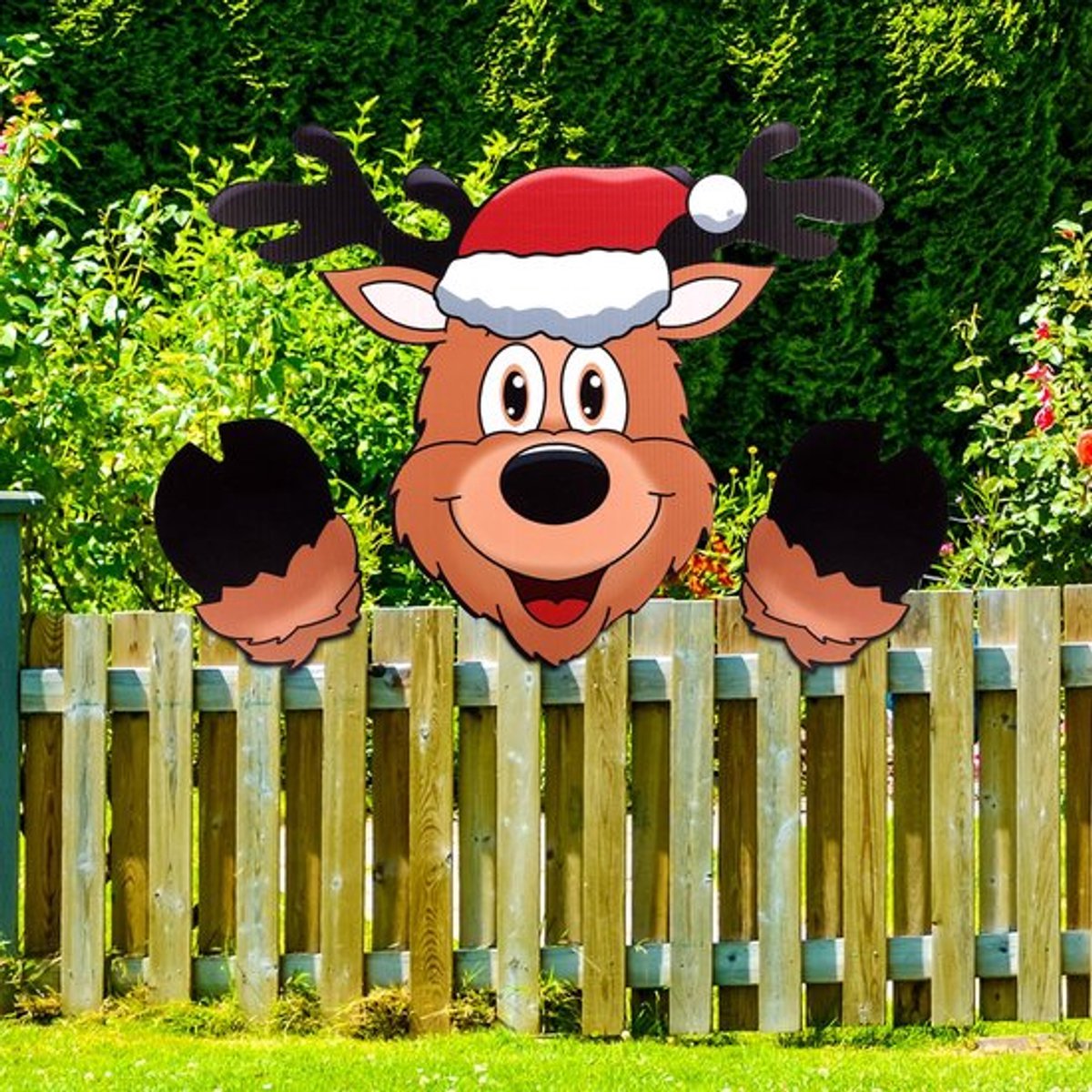 Kersthekversiering, kerstversiering over het hek, kerstversiering buiten, rendierhekversiering voor de feestdagen, tuinhekversiering