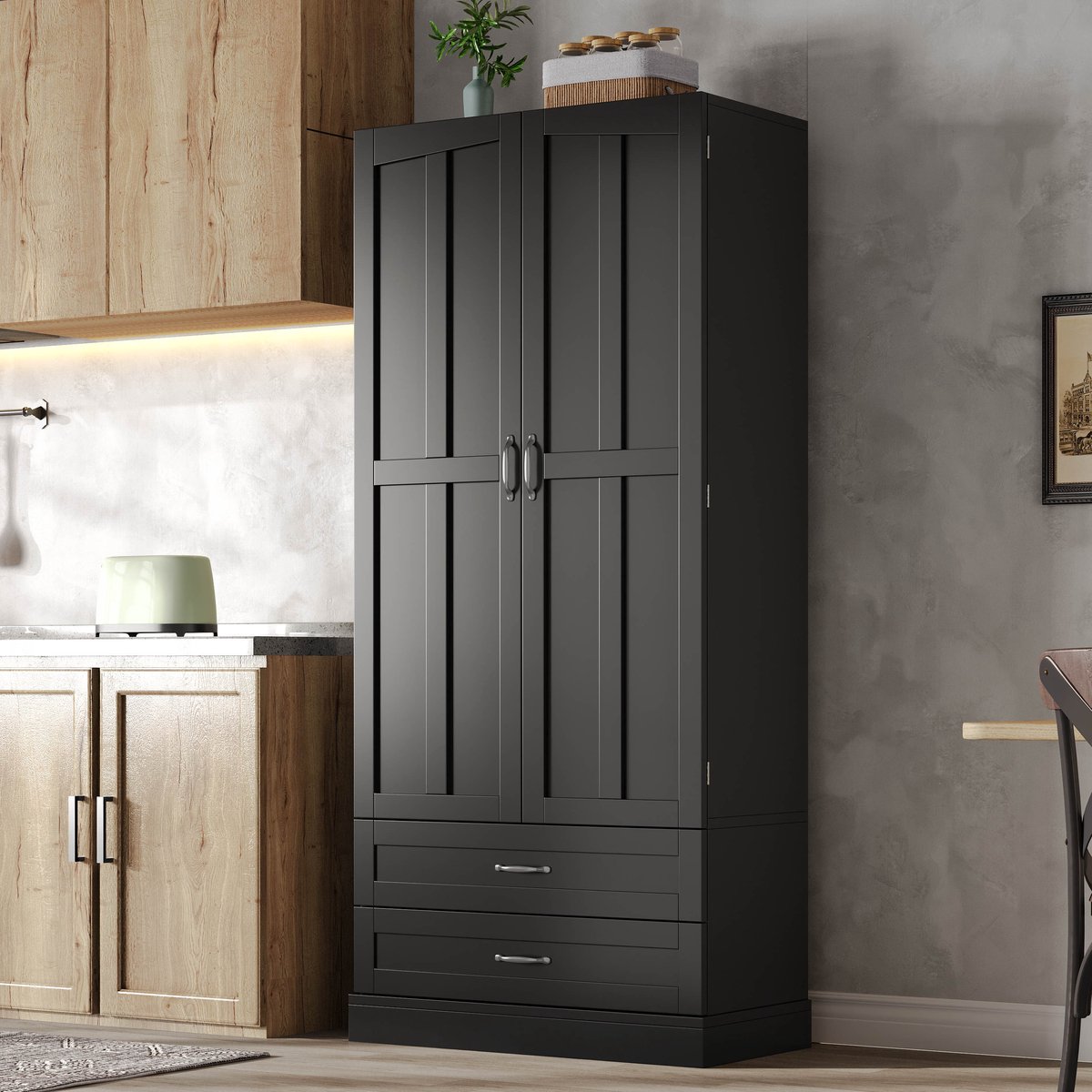 MODFU - Keukenkast - Hoogkast - Dubbele Deur - 2 Lades - 3 Uittrekbare Legborden - Zwart - MDF