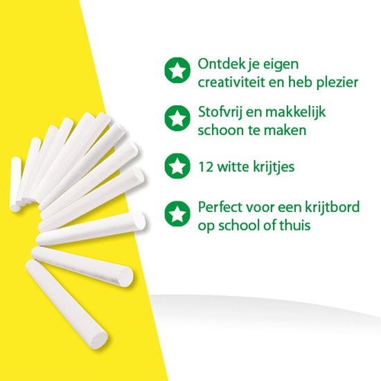 Een bosje witte krijtjes op een gele en witte achtergrond. Tekst vermeldt '12 witte krijtjes' en 'Stofvrij en makkelijk schoon te maken'.