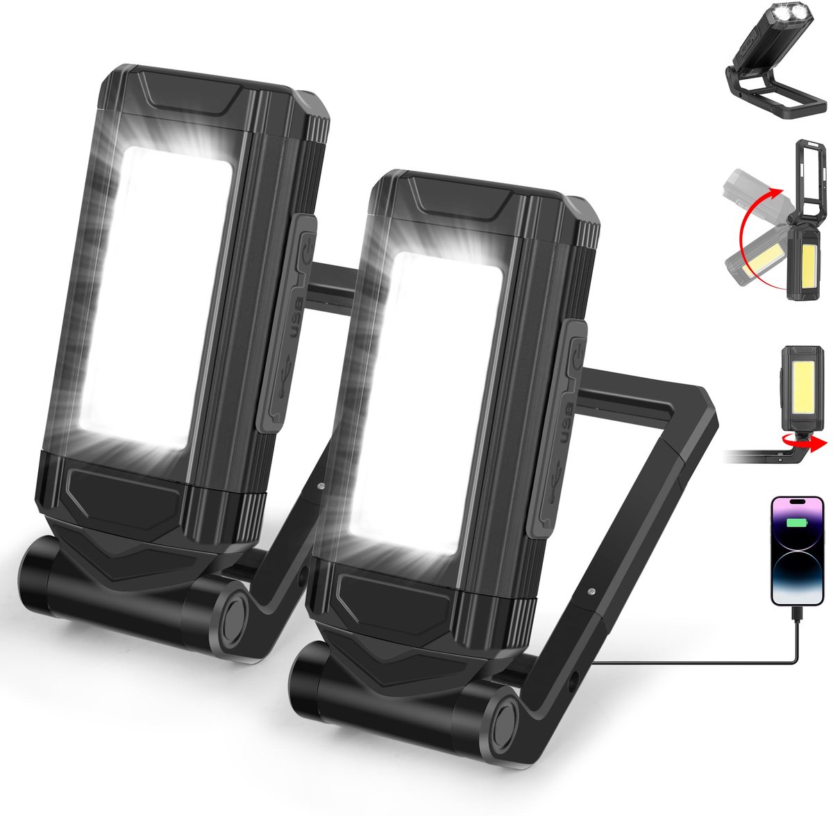 QTTVBTNA -LED Werklamp - Magneetlamp - Werkverlichting - Grijs, set van 2, 7 verlichtingsstanden, 1000 lumen, IPX6 - XPE + COB wit + COB rood - 2200 mAh oplaadbaar, powerbank - 360° draaibaar, magneet - Voor reparatie, workshop en kamperen