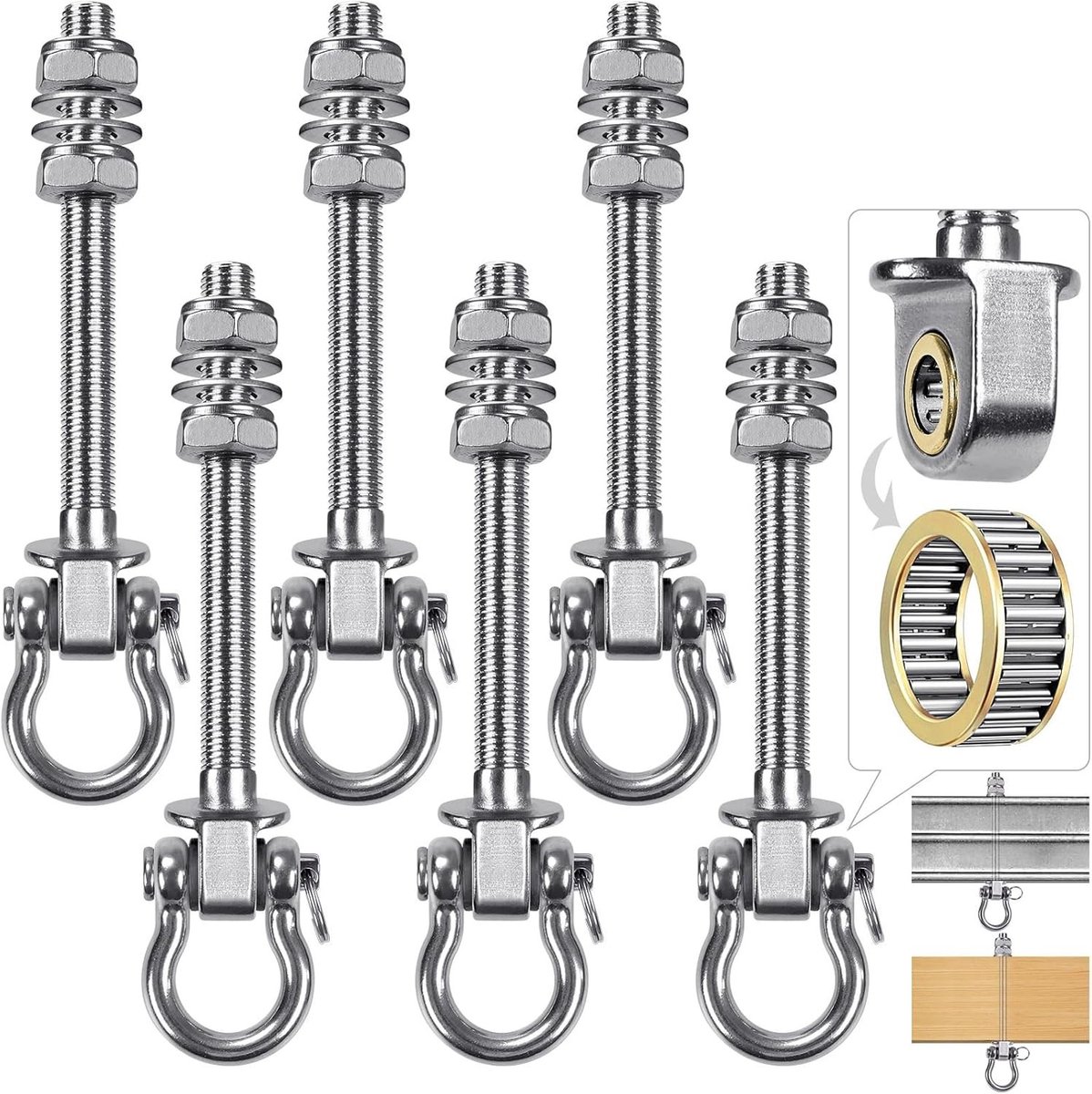 6 Swing Haken met Lager, 175 mm, Voor Hangmat en Zithangstoel, Geschikt voor Betonplafond en Houten Balken, Roestvrijstaal, Zware Belasting, Ideaal voor Sport en Recreatie