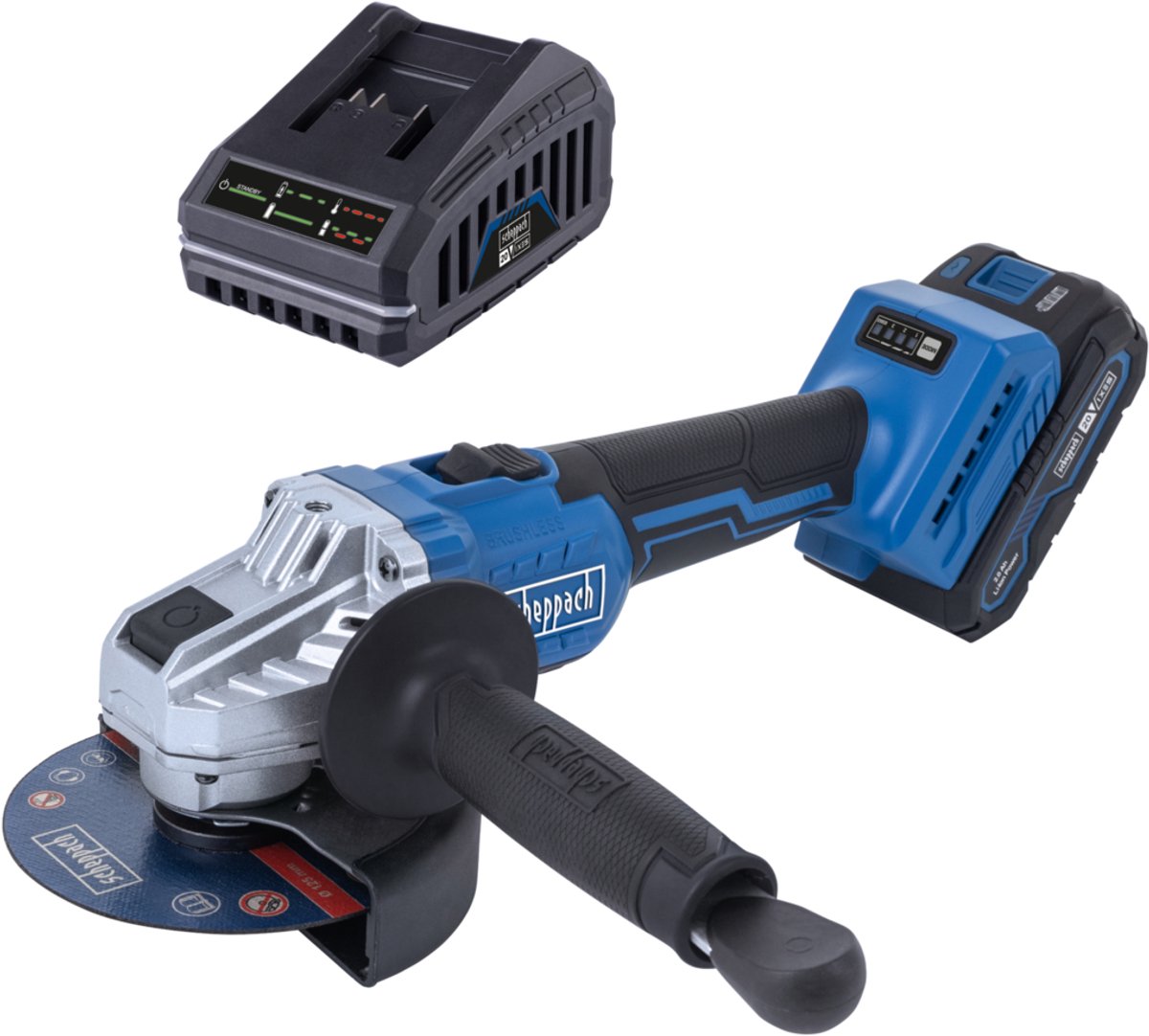 Scheppach Accu Haakse Slijper 20V BC-AG125P-X - Set - 125 mm - Onbelast toerental 7000 – 10.000 min⁻¹ - Inclusief 20V 2.0 Ah accu en 2.4 A oplader