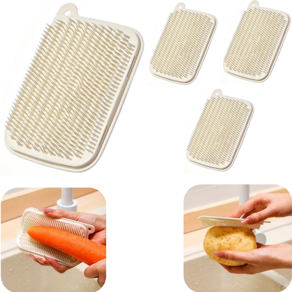 4 stuks fruit groenteborstel - reinigingsborstel - wortelreinigerborstel - zachte borstel - fruit reinigingsborstel -gemakkelijk schoon te maken - antislip - buigbaar - keukenaccessoires - geschikt voor groenten, fruit, keuken (wit, 11,5*8 cm)