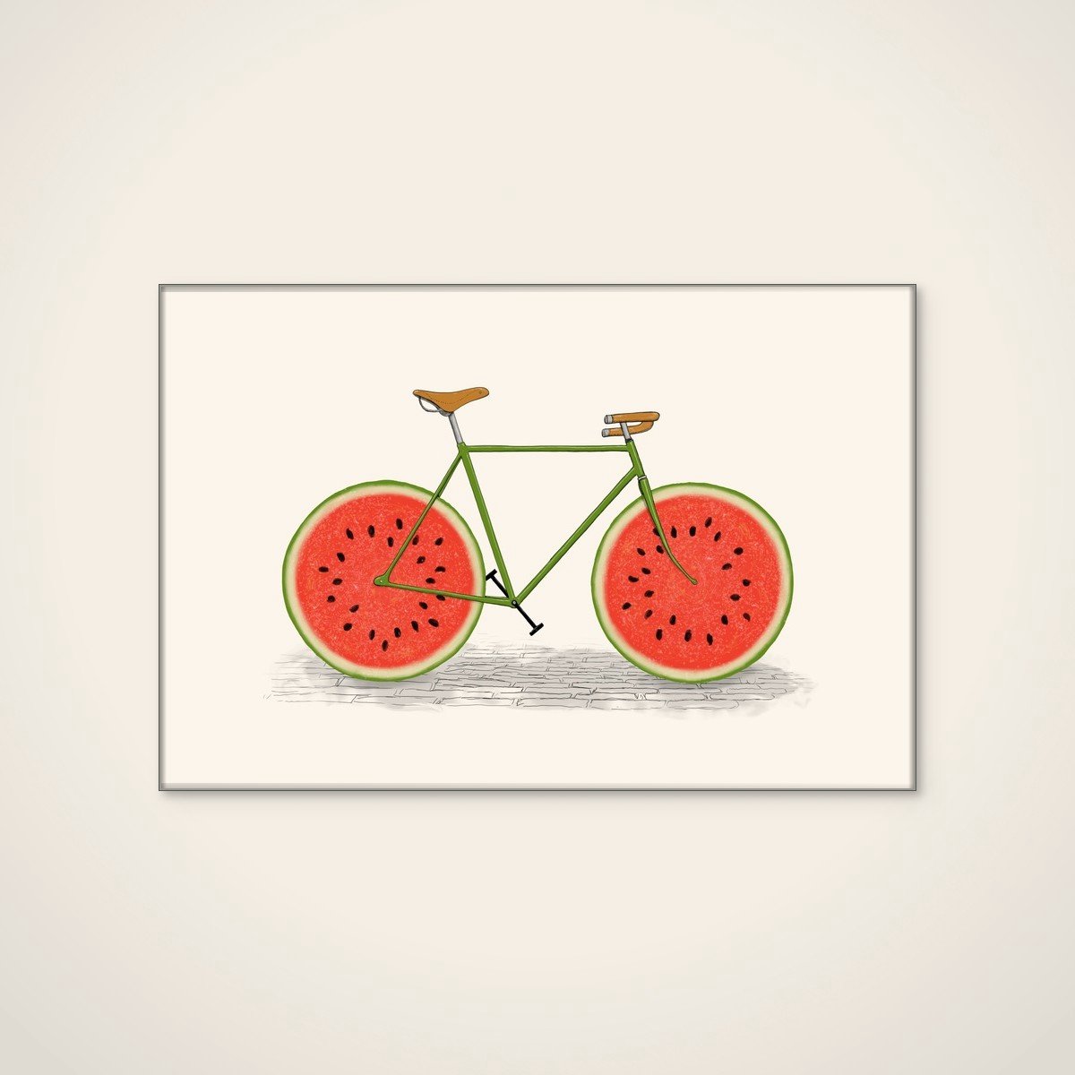 Akoestisch schilderij - 120 x 80 cm - Watermelon Bicycle van Florent Bodart - Abstracte wanddecoratie - zilver textielframe