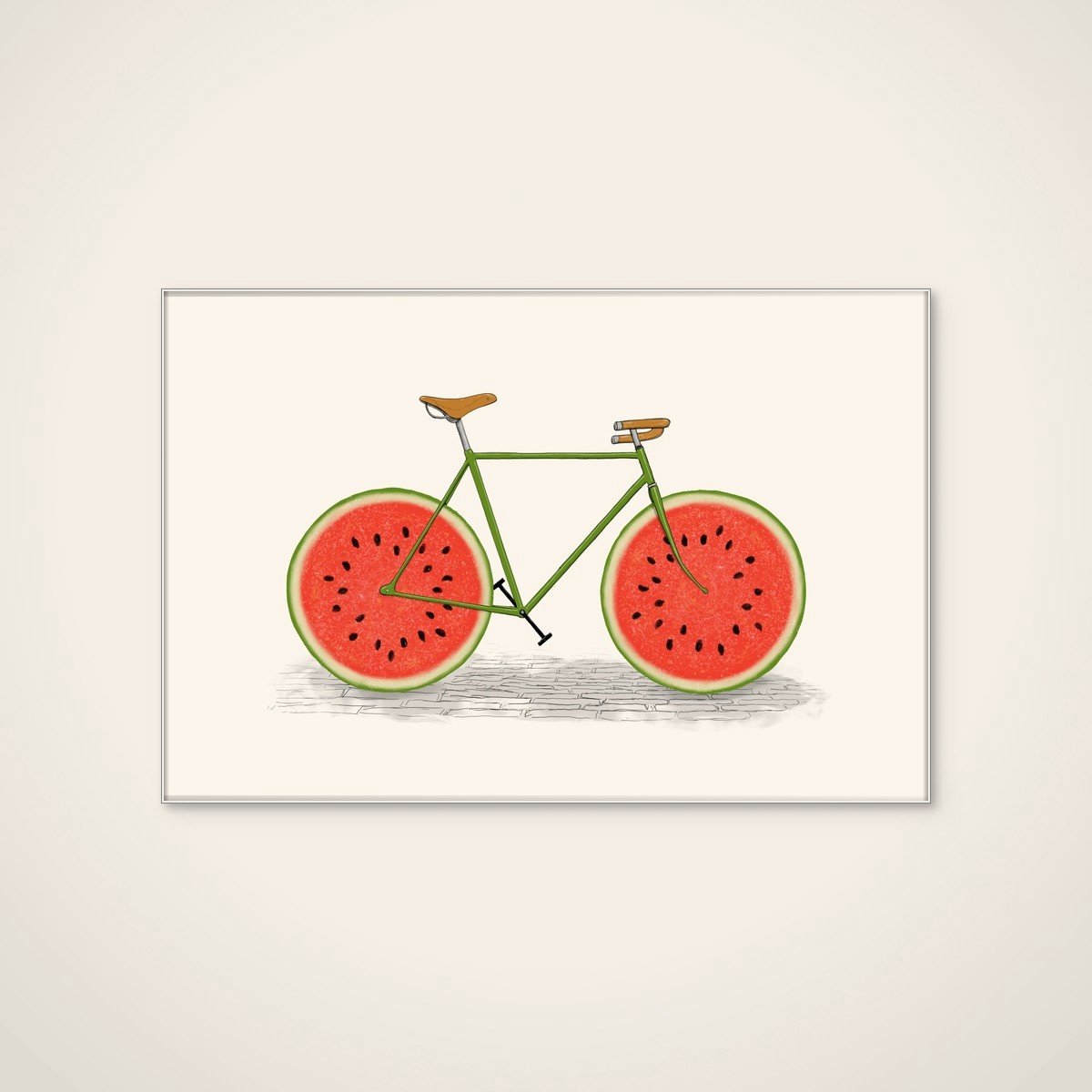 Akoestisch schilderij - 90 x 60 cm - Watermelon Bicycle van Florent Bodart - Abstracte wanddecoratie - wit textielframe