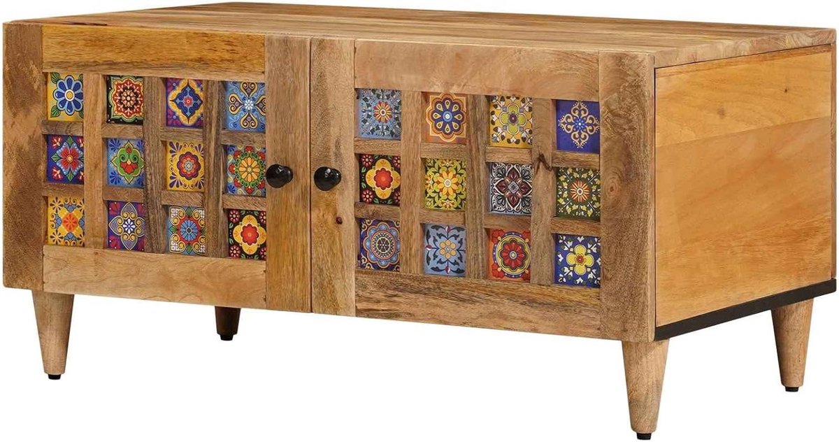 Salontafel Mango Hout - Koffietafel Rechthoek - Woonkamer Organisatie - Met Scharnierdeuren - 80 x 50 x 40 cm - Naturel