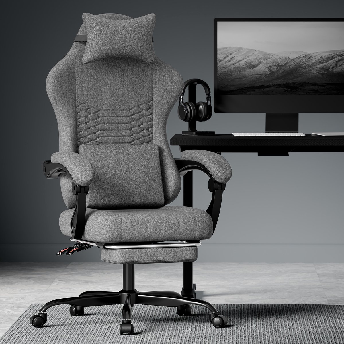 DESMIU Gamingstoel 64 x 68 x 124 cm - Ergonomisch Met Hoofd- En Lendensteun En Voetsteun - Voor Kantoor En Gameroom - Donkergrijs