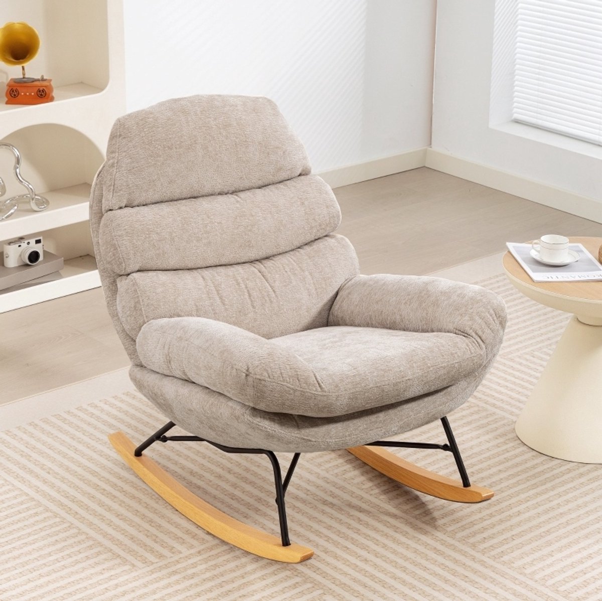 MIVRAY Schommelstoel 80 x 103 x 91 cm - Gestoffeerde Fauteuil Met Hoge Rugleuning En Armleuningen - Voor Leeshoek En Woonkamer - Stof Cremewit