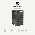 Zwarte containerombouw met Borghio logo en iconen voor kwaliteit.