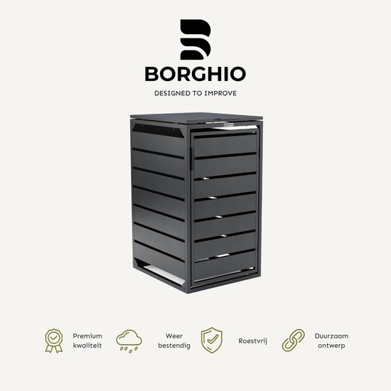 Zwarte containerombouw met Borghio logo en iconen voor kwaliteit.