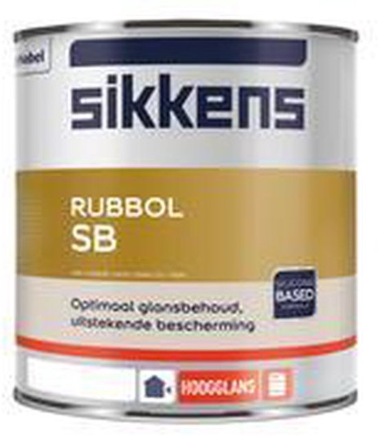 Blik Sikkens Rubbol SB hoogglans lak, wit met gouden accent en rode band. "Hoogglans".