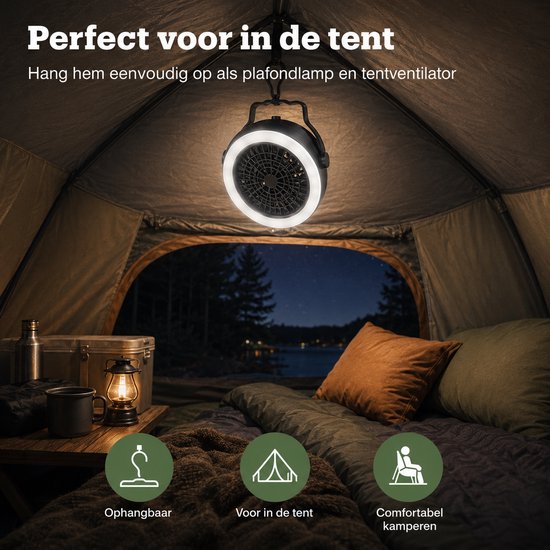 2-in-1 Campinglamp met Ventilator - Ophangbare Tentlamp en Plafondventilator - Werkt op 3x AA Batterijen - LED Licht — afbeelding 3