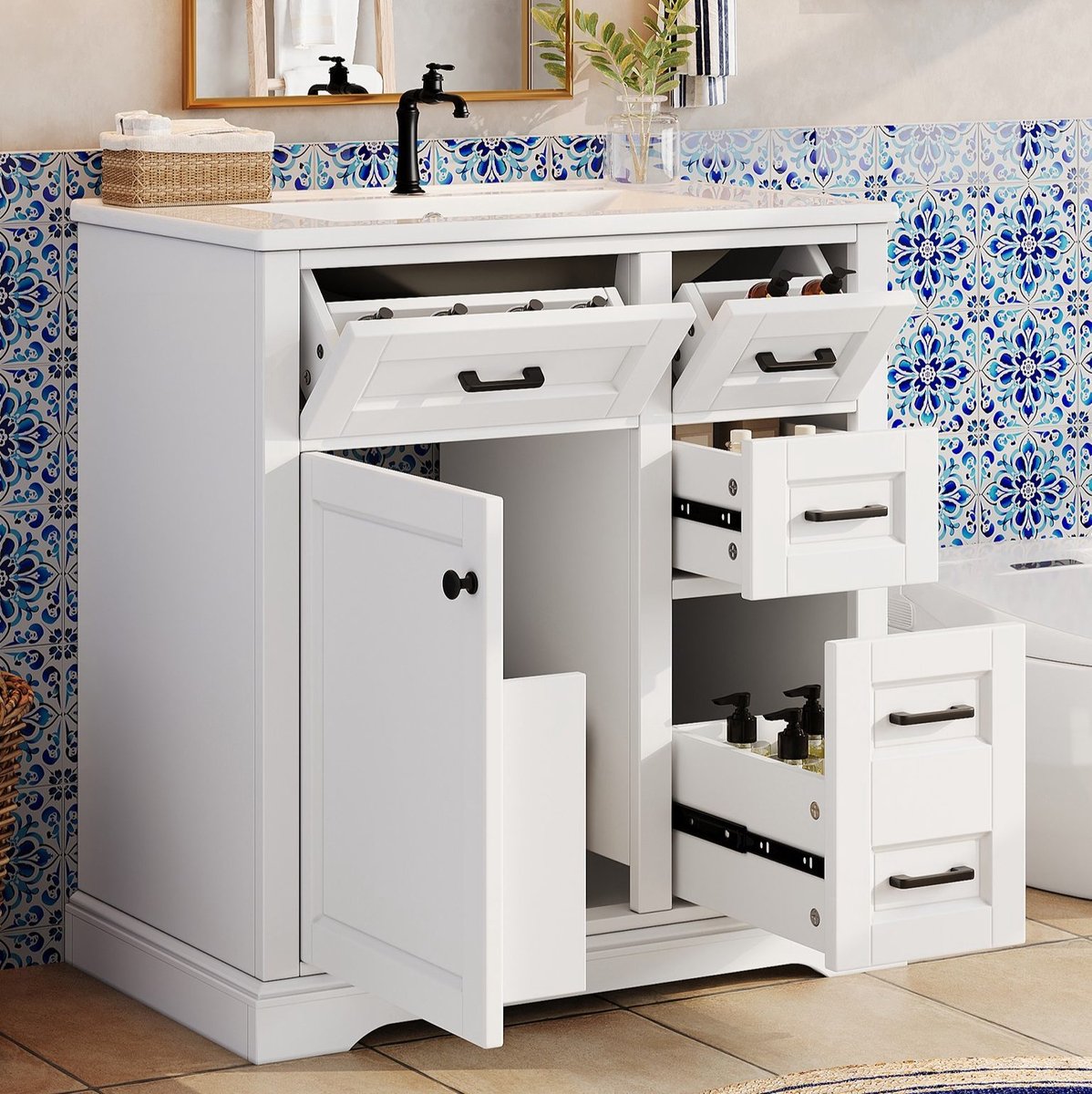 Wishdor - Badkamermeubel - Staand wastafelmeubel met geïntegreerde keramische wastafel en soft-close deur - Amerikaanse stijl - Badkamer - Houtlook wit - 76 x 47 x 82 cm