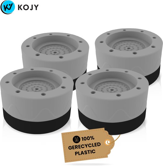 Vier grijze wasmachine dempers met zwarte onderkant, met een label "100% gerecycled plastic".