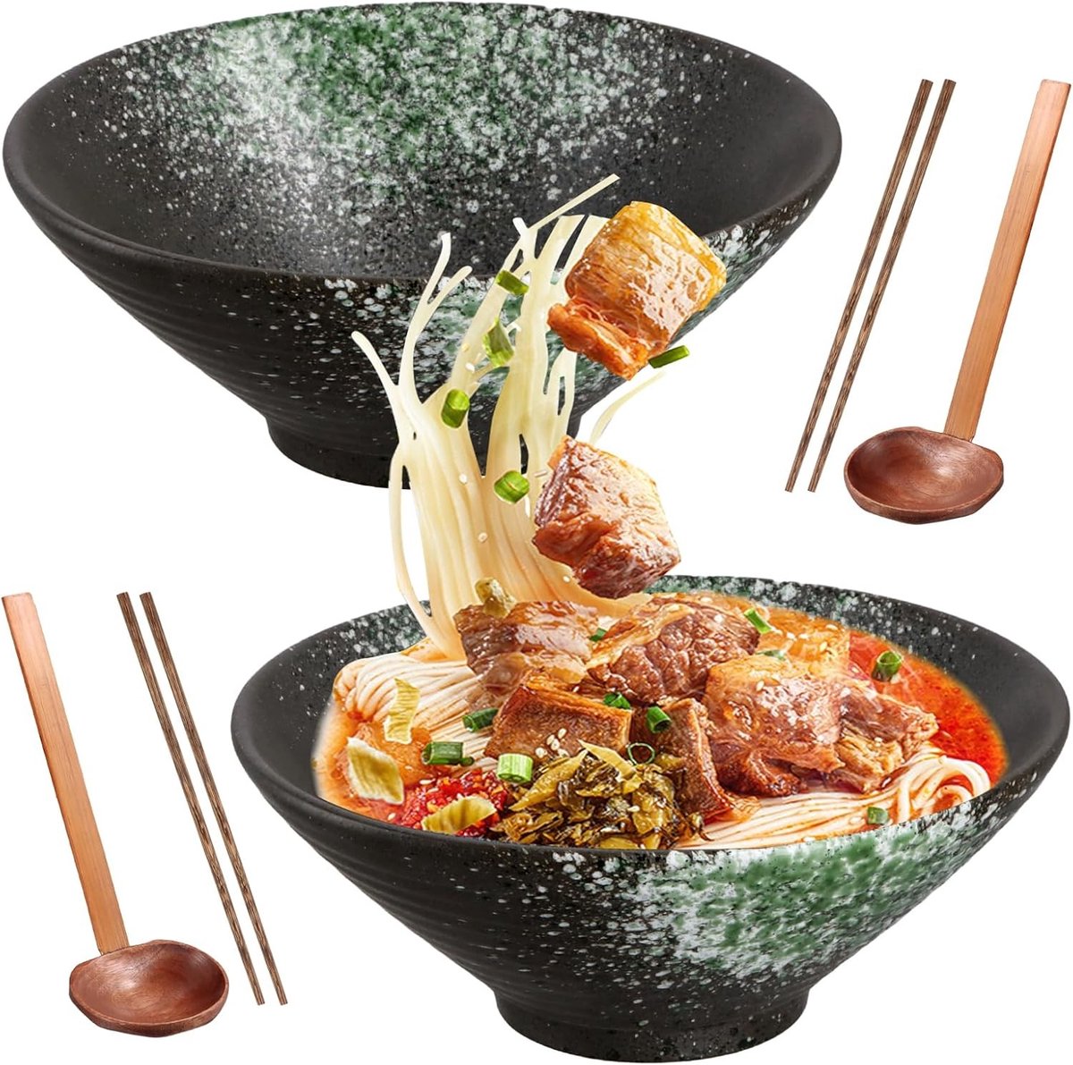 Set van 2 Keramische Ramenkommen van 1000ml met Stokken en Lepel, Ideaal voor Soep, Salade en Pasta