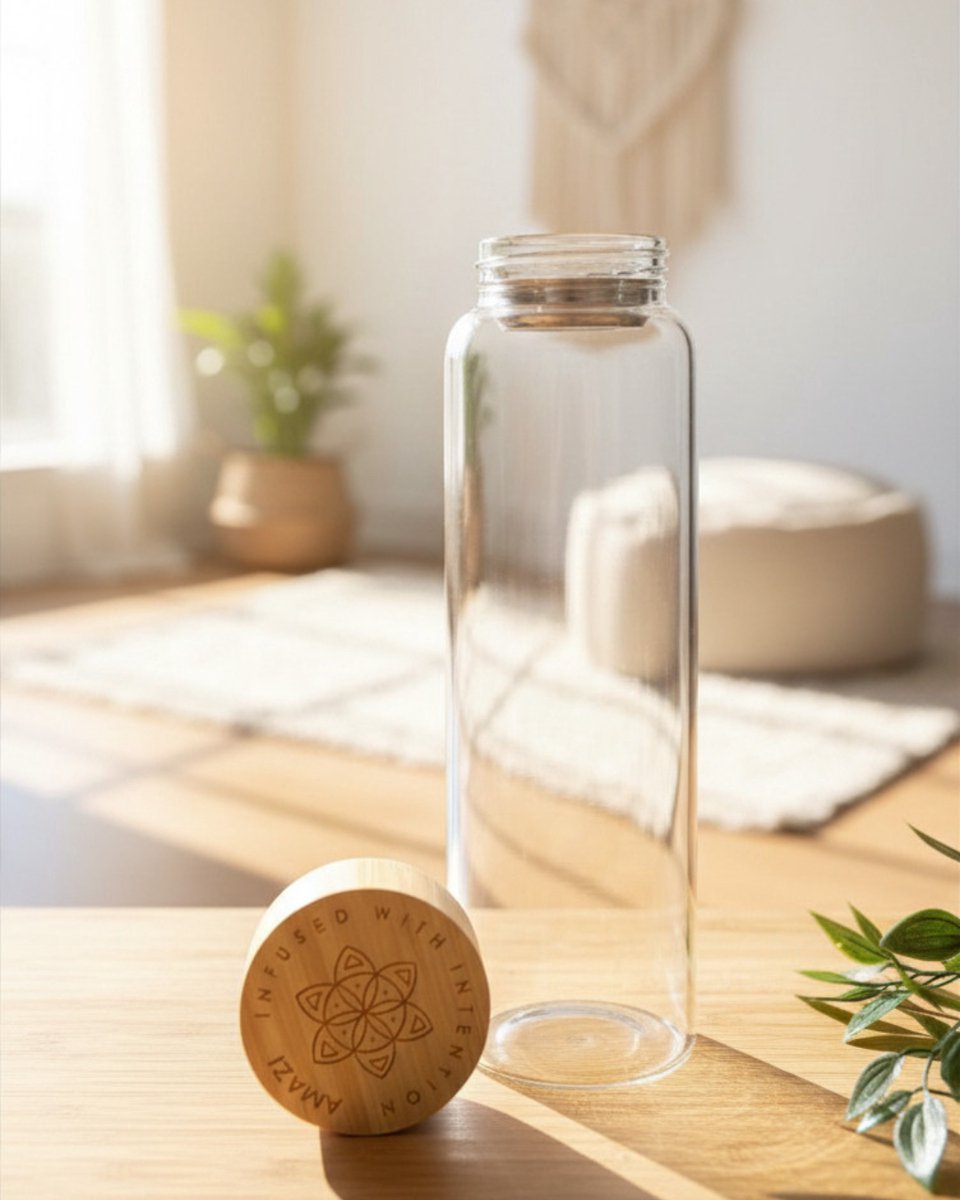 Amazi tafel waterfles van glas - 1000ml - 1 liter - 8 x 25 cm (dxh) - Glazen waterfles - Dop bamboo gravure flower of life - Tafel water Merk:AMAZI met zeef — cadeau in Koken & Dineren - foto 2