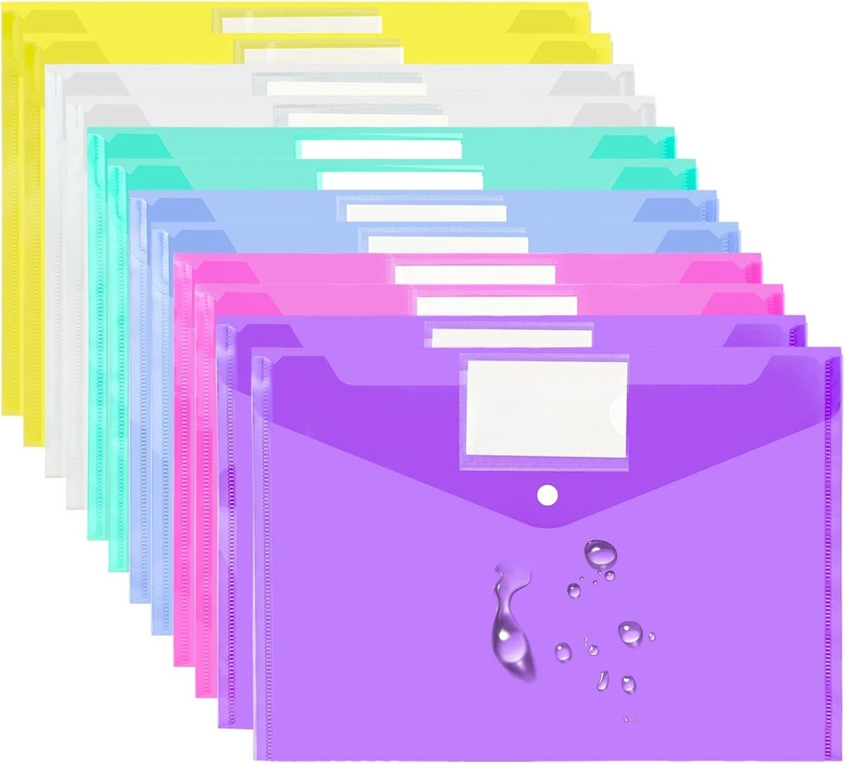 12 Stuks Plastic Enveloppen - Duidelijke Documentmappen met Drukknop en Labelvak voor A4 Papieropslag in 6 Kleuren, Ideaal voor Kantoor en School