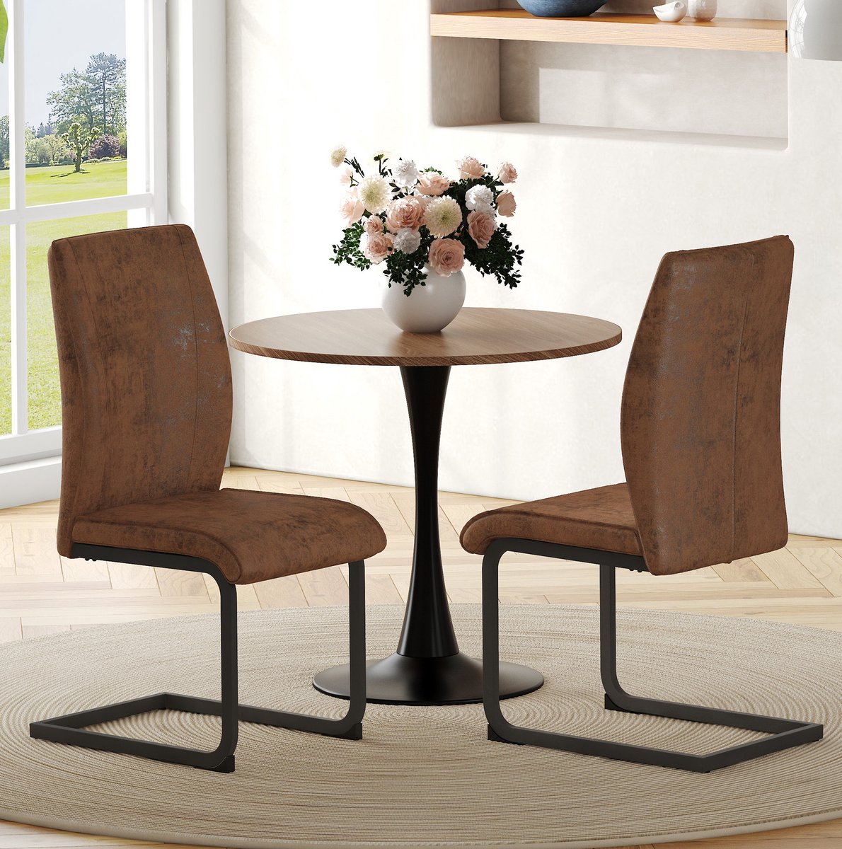 OKWISH Eetkamerstoel - Ergonomische Rugleuning - Set Van 2 - Stof En Metaal - Modern Industrieel - Bruin - Met Gepolsterde Zitting