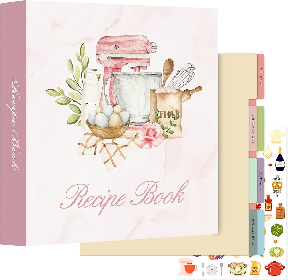 Receptenmap 8.5x11 met 3 Ringen, Waterdichte Organisator voor Eigen Recepten met 60 Plastic Hoezen, 116 Recepten, Scheidingsbladen, Labels en Stickers voor Koken en Bakken