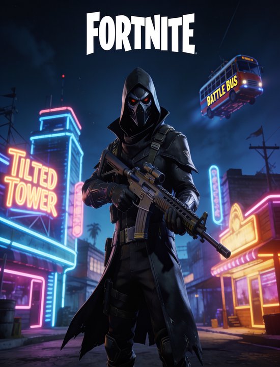 Luxe Metalen Wanddecoratie 30x40cm - Fortnite - Battle Bus - Tilted Tower - Metalen Poster 40x30cm