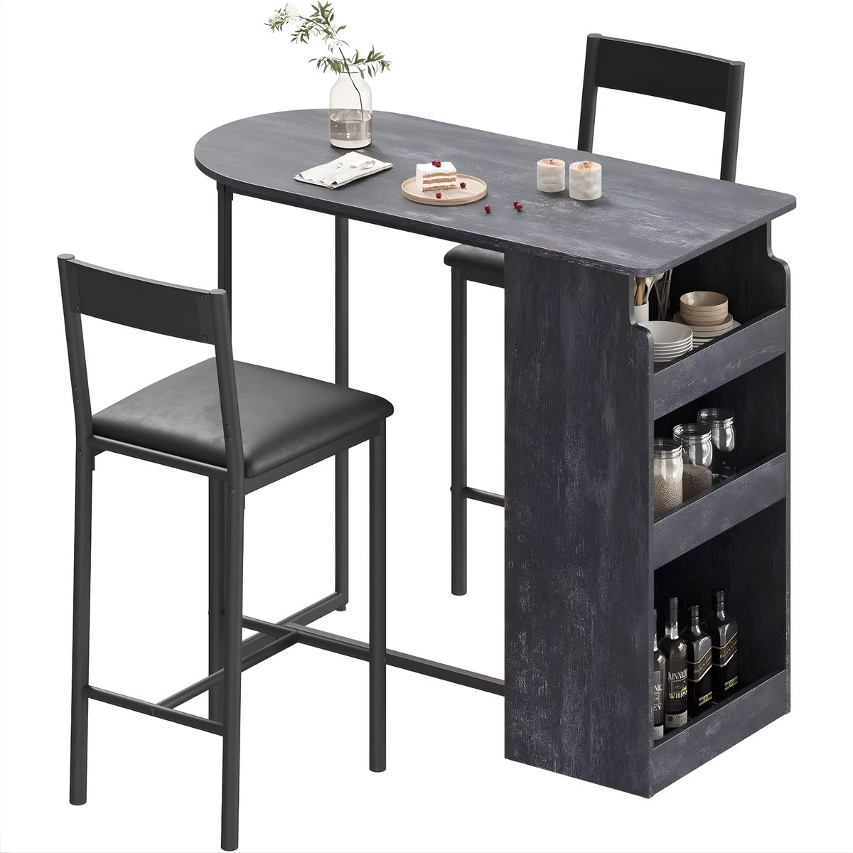 Keuken bar tafel met 2 stoelen - Compacte eettafelset met geïntegreerde opbergplanken - Grijs kleur, 400x400 cm