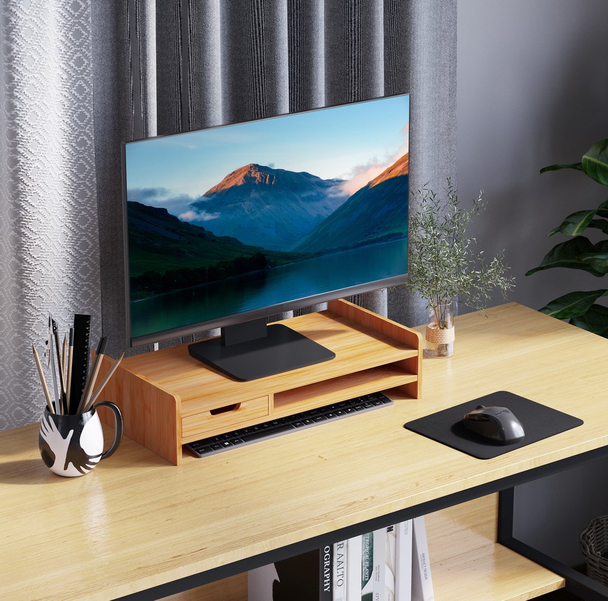 STILVORA Monitorstandaard - Bamboe Bureau Organizer Met Lade En Opbergvak - Voor Werkplek En Bureau - Natuurlijk - 49x25,5x11,5 Cm