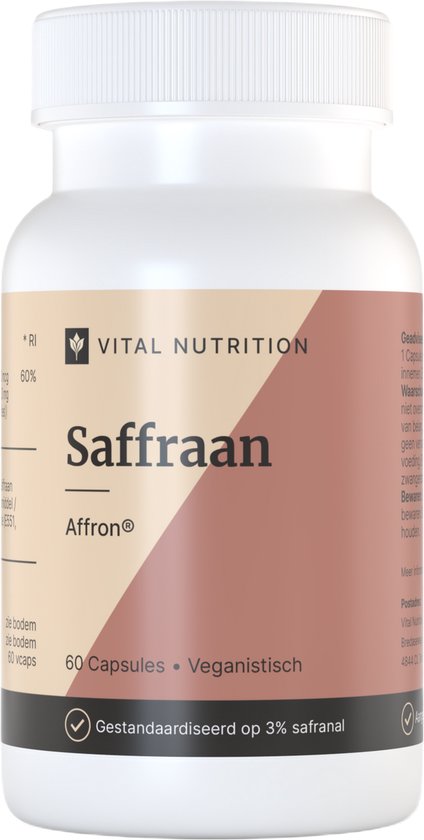 Witte pot met 'Saffraan Affron®' etiket, 60 capsules. De pot staat op een donkere achtergrond.