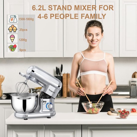 Keukenmixer 1500W Stil Elektrische keukenmachine met 6 snelheden, 6L mengkom en accessoires voor bakken — afbeelding 2