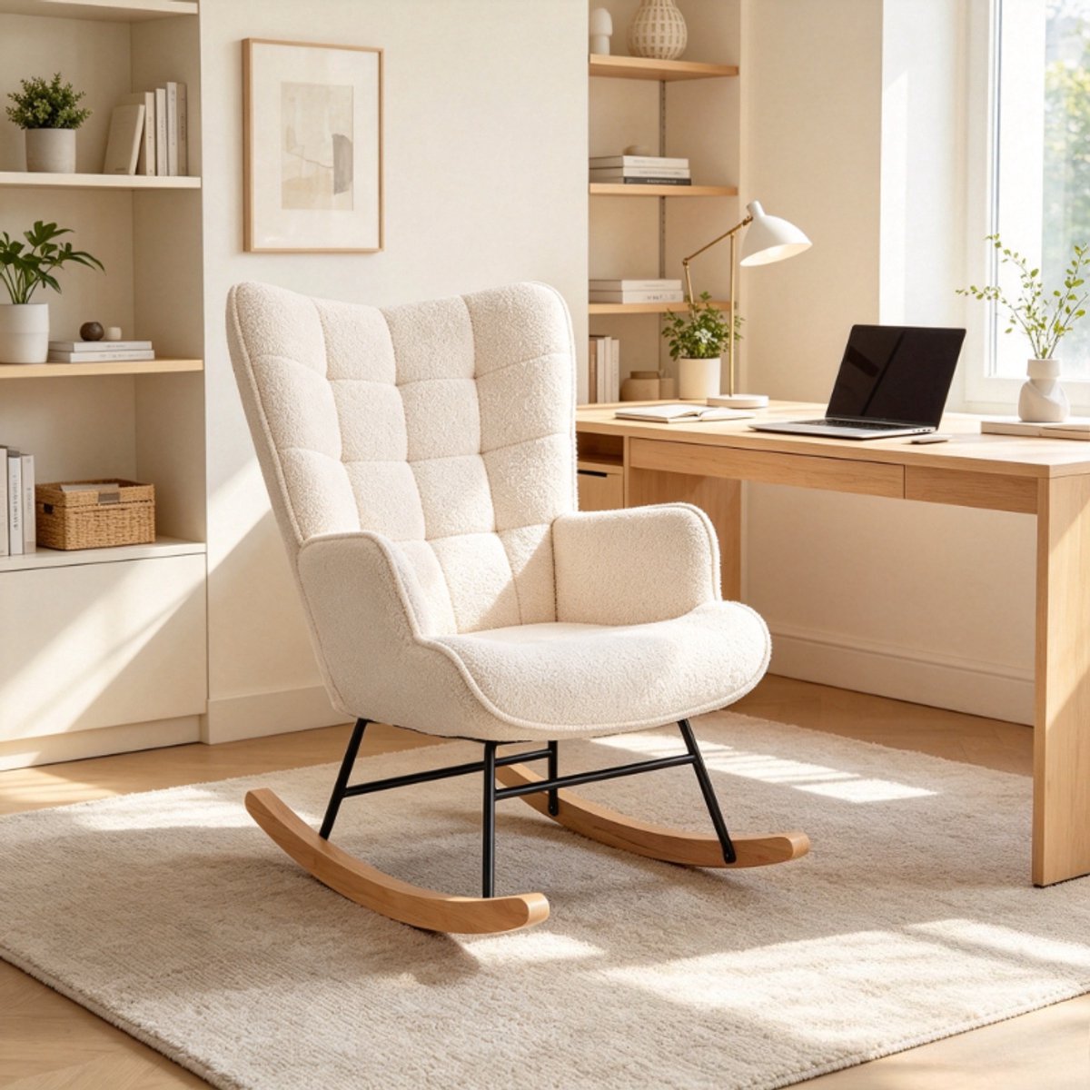 Schommelstoel 60x75x92 cm, relaxstoel, fauteuil, loungestoel met geruite rugleuning, teddy