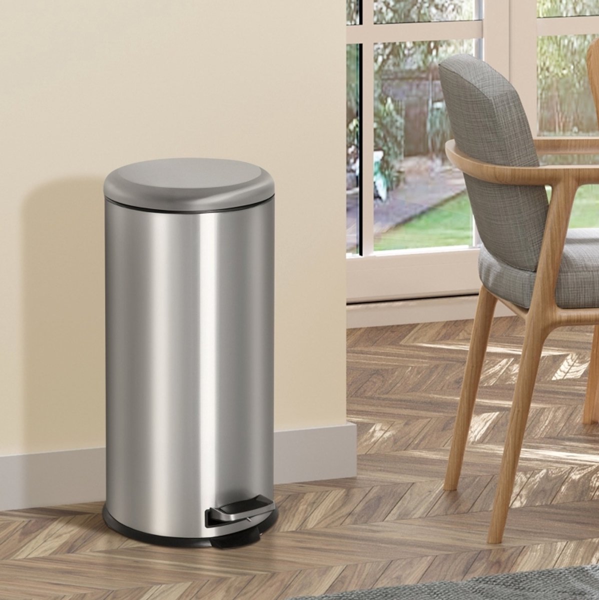 MIVRAY Prullenbak – 30 Liter Pedaalemmer Met Softclose Deksel – Ø29,2 x 62,9 cm – Metaal en Kunststof – Zilver – Met Losse Binnenemmer