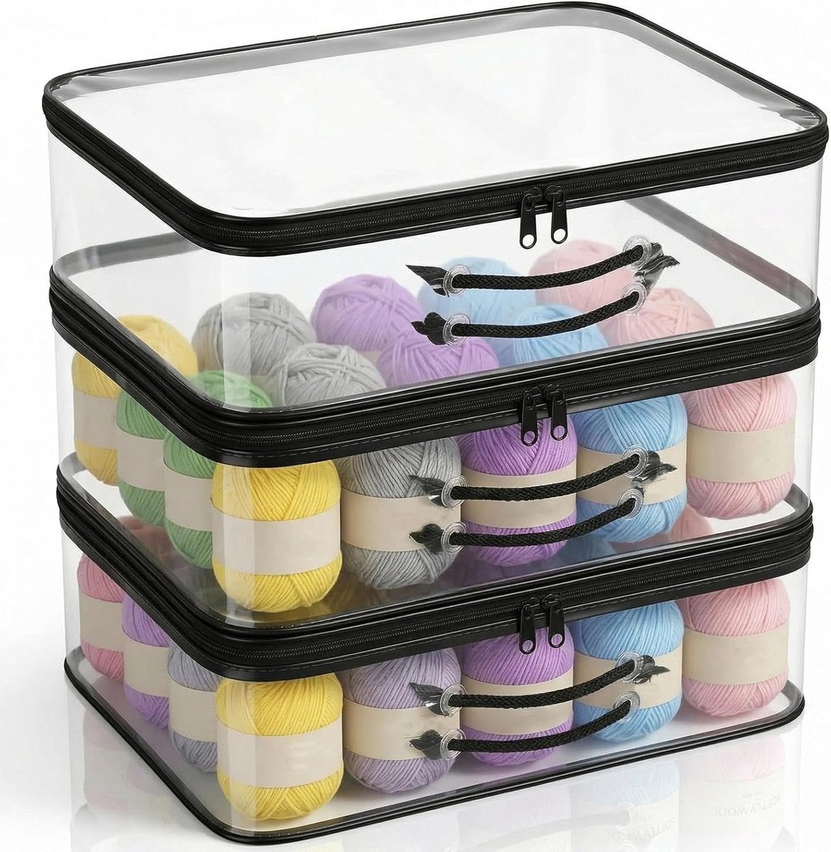 Set van 3 Opbergzakken, 40 x 30 x 10 cm, Transparante Tas voor Wol, Haaknaalden en Breiaccessoires