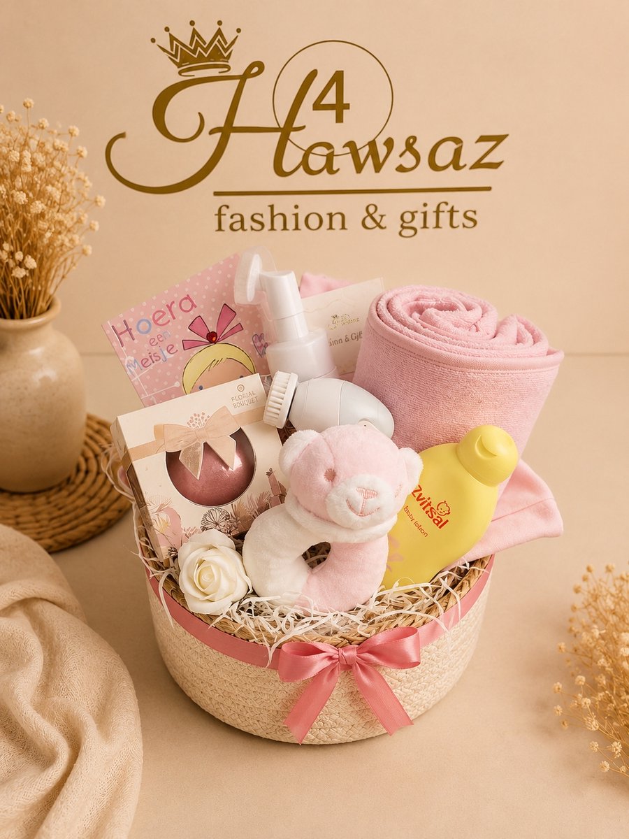 Kraamcadeau Meisje 17 stuks – Luxe Baby & Mama Cadeaumand – Compleet Geboortecadeau met Zwitsal en Verzorgingsproducten - Hawsaz.nl Cadeau - Badcape - Babygeschenkset - Babyshower - Gepersonaliseerde cadeaus - Babyverzorging