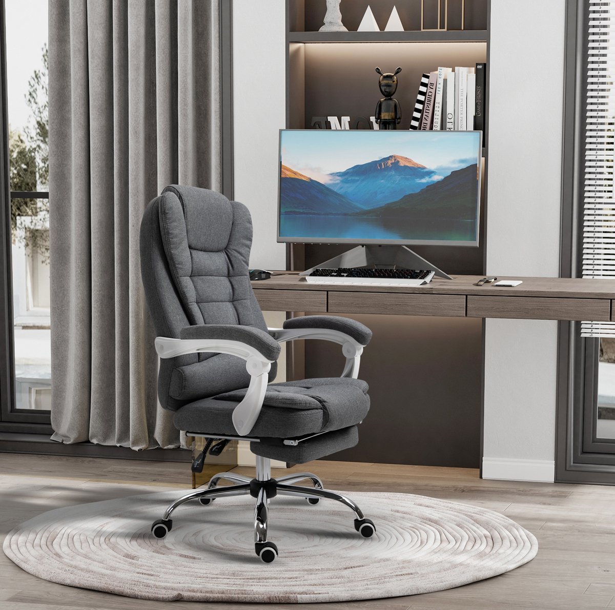 OKWISH Bureaustoel – Ergonomisch Met Voetsteun En Kantelbare Rugleuning – Met Vaste Armleuningen – Metaal – Grijs – Voor Thuiswerk
