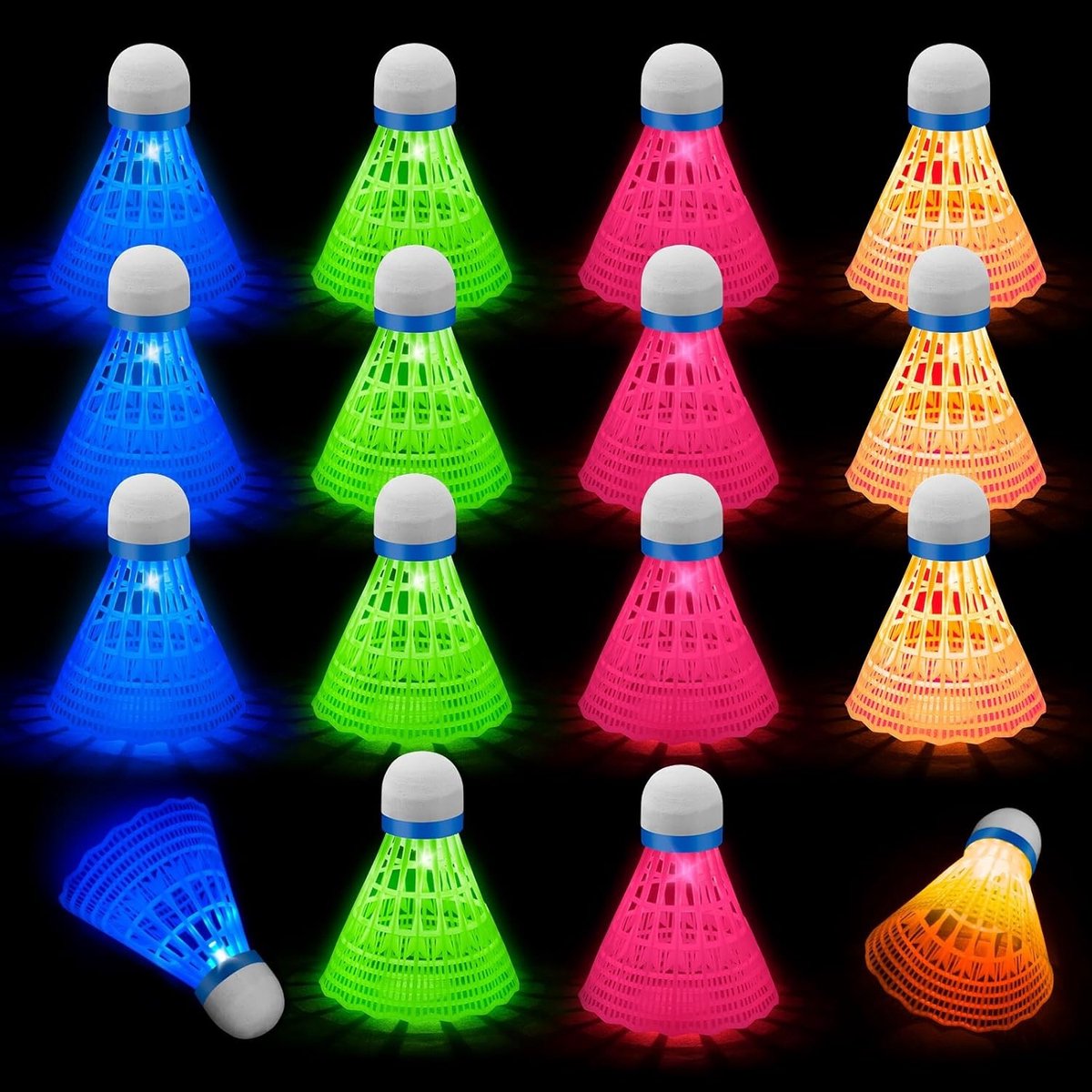 Luminous Badminton Shuttlecocks voor Nachtgebruik, 16 Stuks, Perfect voor Binnen- en Buitensporten, Groen, Rood, Oranje, Blauw
