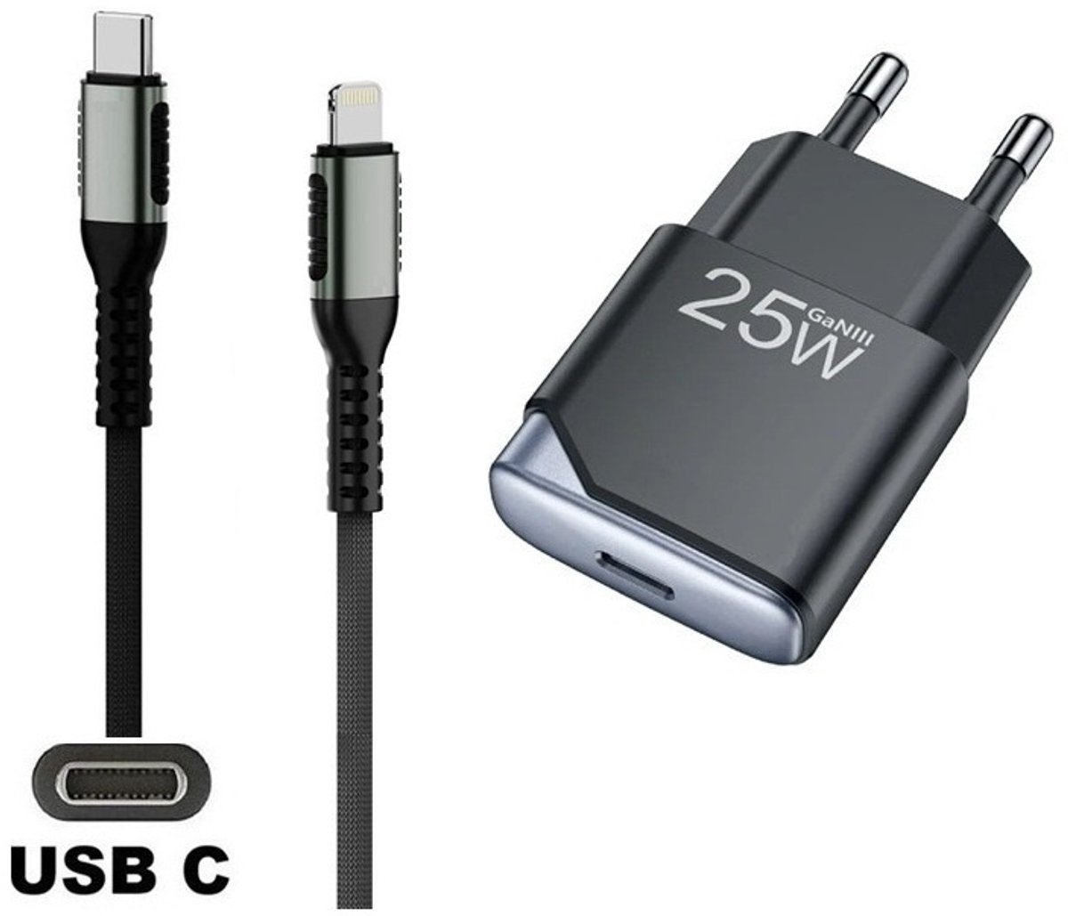 OneOne 25W snellader + 0,25m sterke USB C naar Lightning kabel. GAN lader. PD PPS oplader adapter past op Apple iPhone 11, 11 Pro, 11 Pro Max, iPhone 12, 12 Mini, 12 Pro, 12 Pro Max