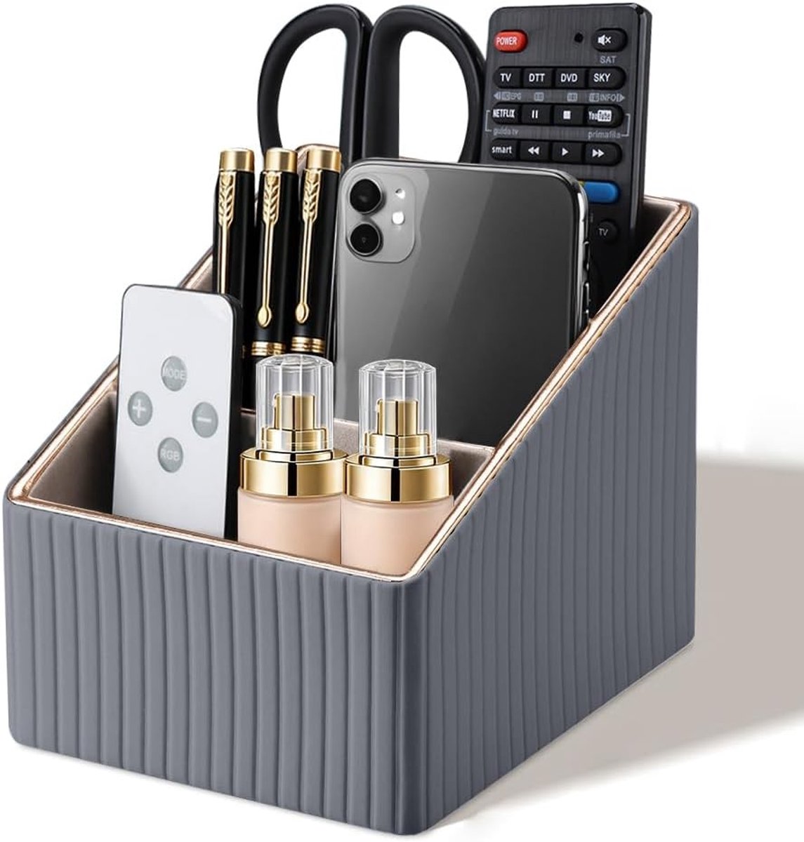 Multifunctionele Pennenhouder en Remote Control Organizer voor Bureau en Thuis met 3 Compartimenten - Ideaal voor Kantoor en TV (Grijs)