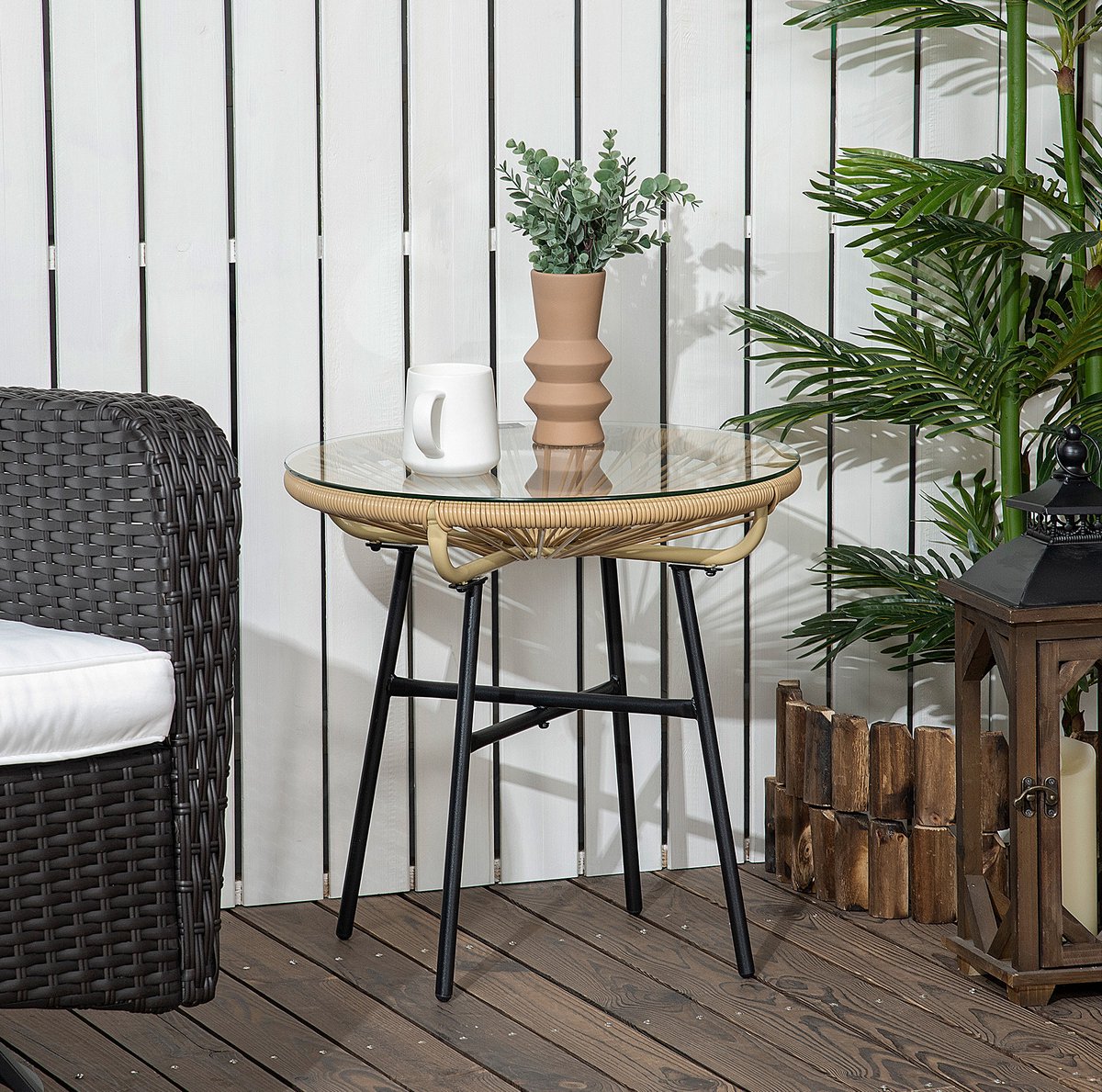 FloraGrace Bistrotafel - Ronde Tuintafel Met Gehard Glazen Blad - Voor Balkon En Terras - Metaal En PE-Rattan - 50 x 50 x 50 cm - Beige Zwart