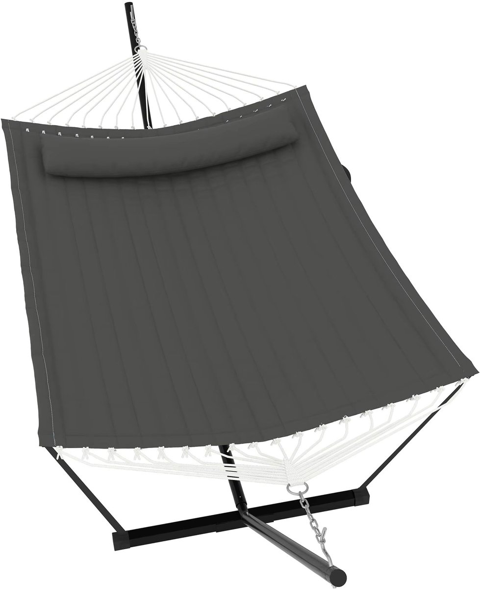 Hangmat met Standaard 366 cm - Geschikt 2 Personen met Kussen - Geschikt 2 Personen met Kussen, Donkergrijs Variant C - Beige