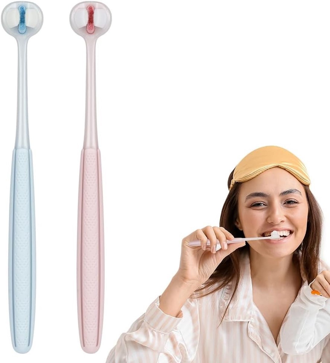 2 Stuks Zachte Tandenborstel voor Volwassenen, Driezijdig Ontwerp, Volledige Tandverzorging, Ideaal voor Gezonde Tanden en Tandvlees (Roze + Blauw)